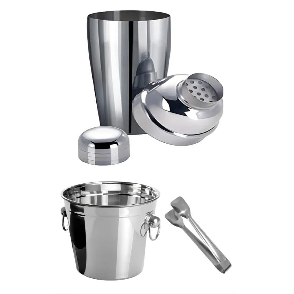 Kit Bar Inox 3 Peças Balde Pegador Coqueteleira 500ml Drinks