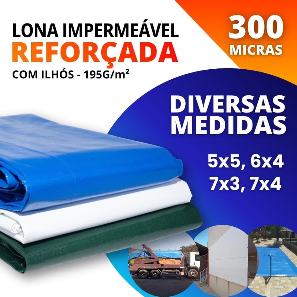 Lona Reforçada Impermeável 300 Micras 5x5 6x4 7x3 7x4 com Ilhós Multiuso Policarga Colorida