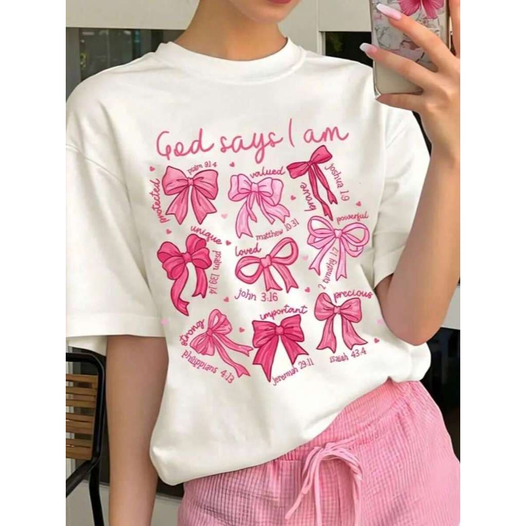 Camiseta feminina delicada fofa laços 100% algodão gola redonda manga curta todas ocasiões