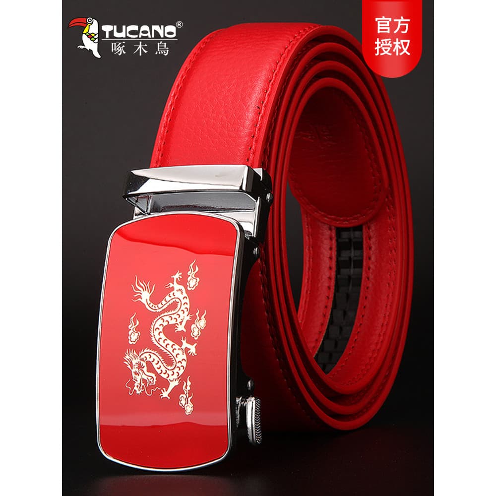 Woodpecker cinto masculino Benming ano vermelho cinto presente de aniversário ano novo cinto masculino de couro fivela a
