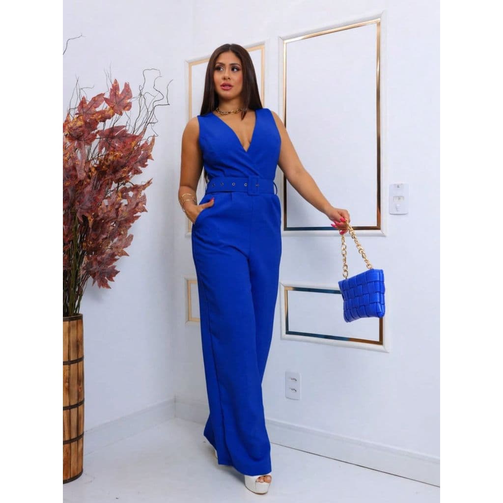 Macacão Feminino Pantalona Em Linhão Com Cinto E Zíper Invisível Elegante M G GG