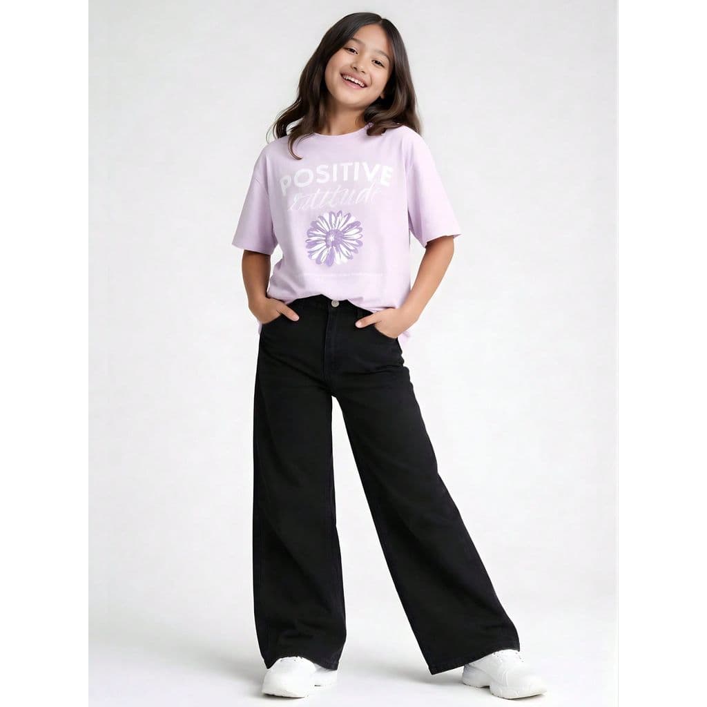 Calça Jeans Wide Leg Feminina Infantil Perna Larga e Bolsos Laterais Confortável Moda Casual e Infantil Moderna