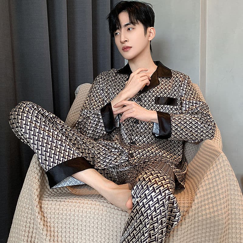 Pijamas de seda gelo calças de manga comprida seda fina conjunto de Homewear masculino