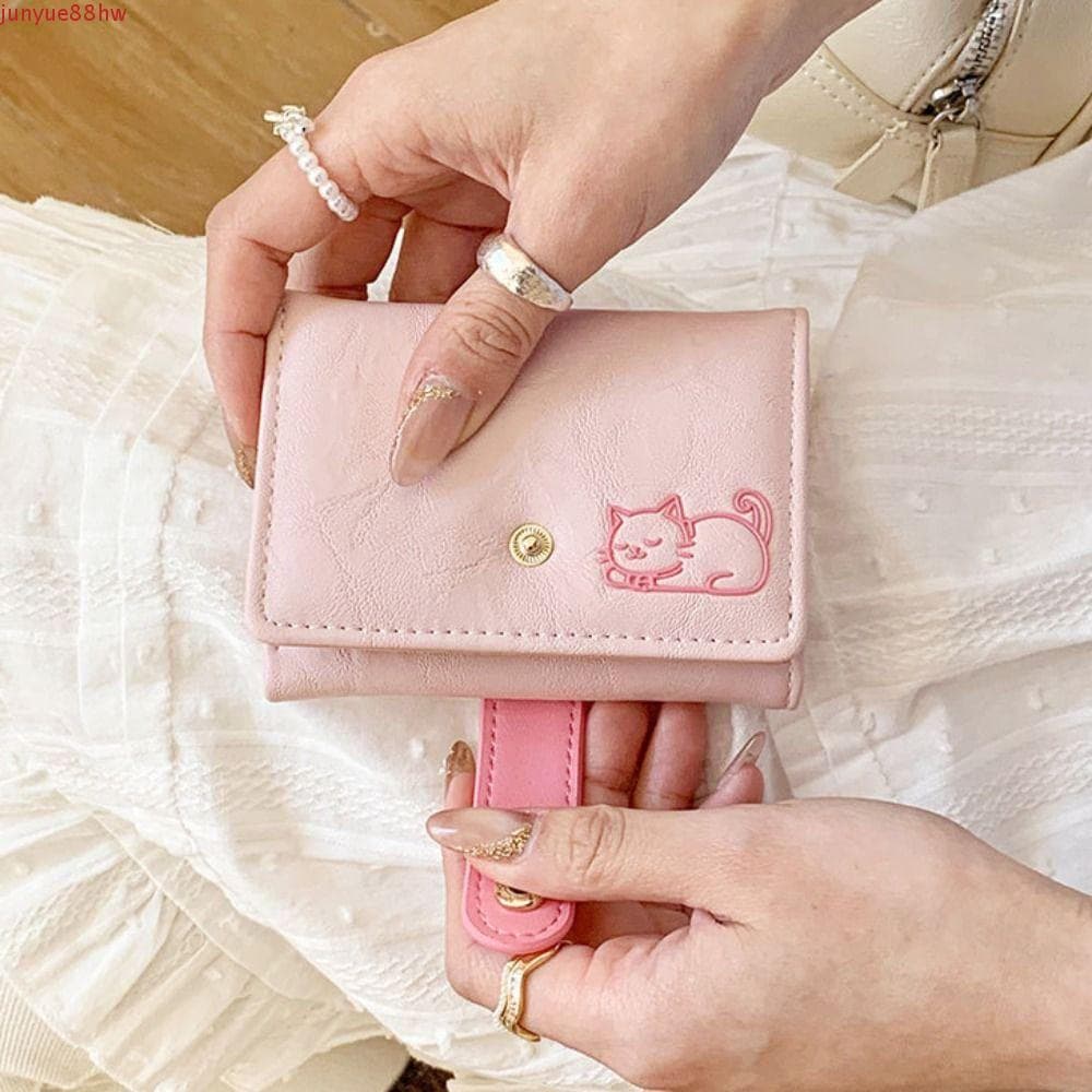 Bolsa De Couro Curta JUNYUE , Carteira Portátil Com Estampa De Gato Para Vários Cartões Fofa De Três Dobras Cartão