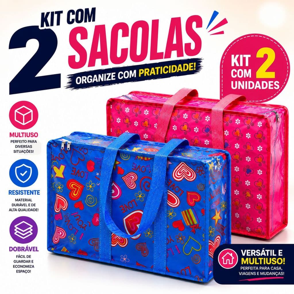 Kit 2 Bolsa Organizadora Grande Com Zíper Para Cobertor Mudança E Sacola Feira Resistente