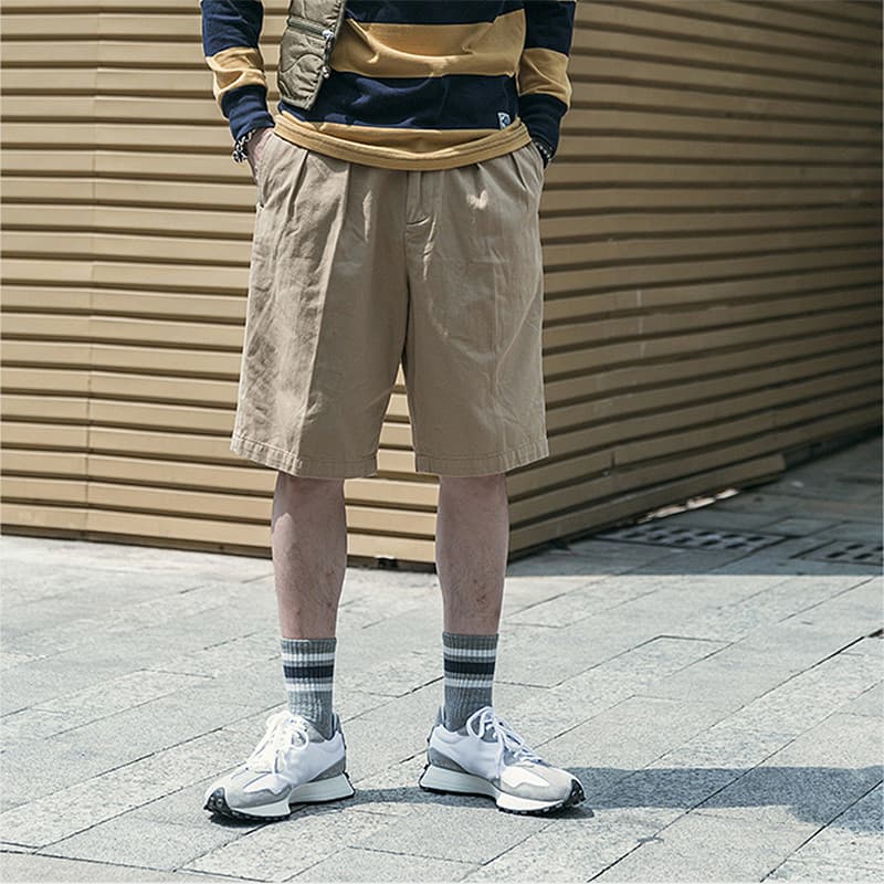 NÃO ESTOQUE Japonês Retro All-Match Casual Solto Shorts Plissados Masculino Cáqui Calças Bi-Fold Macacão