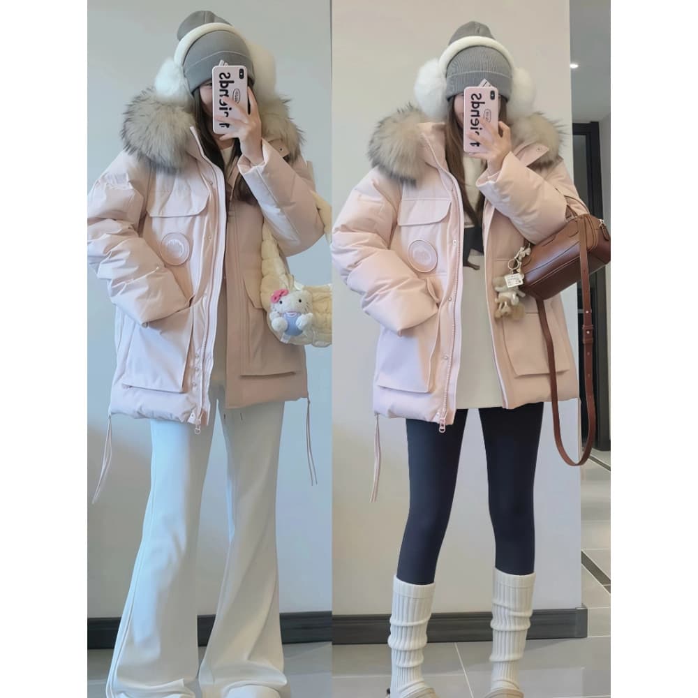Inverno alemão venda quente extremamente frio ferramentas rosa para baixo jaqueta feminina gola de pele grande 2025 novo