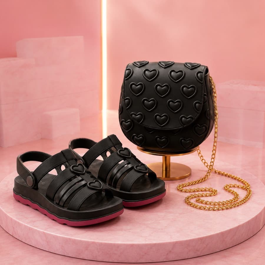 Kit Sandalia Infantil com Bolsa de Coração Elegante
