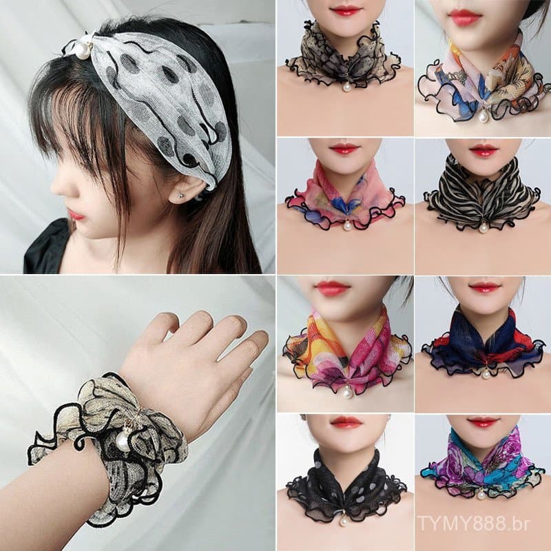 Lenço vintage de renda com pingente de pérola, lenço de chiffon, moda elegante para mulheres.