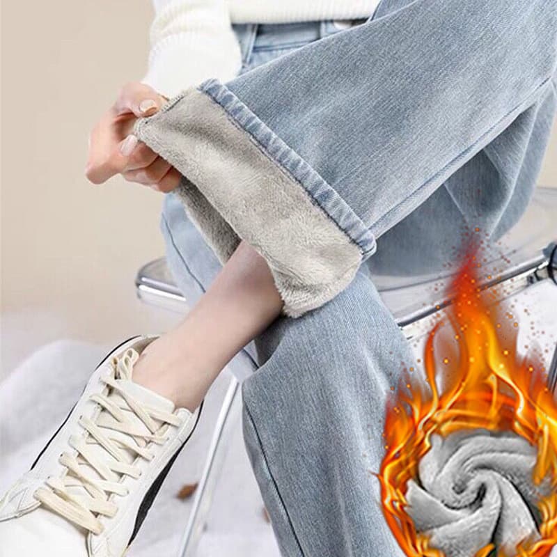 Calças Jeans Térmicas de Cashmere para Mulheres, Cintura Alta, Corte Reto, Soltas e Espessas, Calças de Escritório Femin