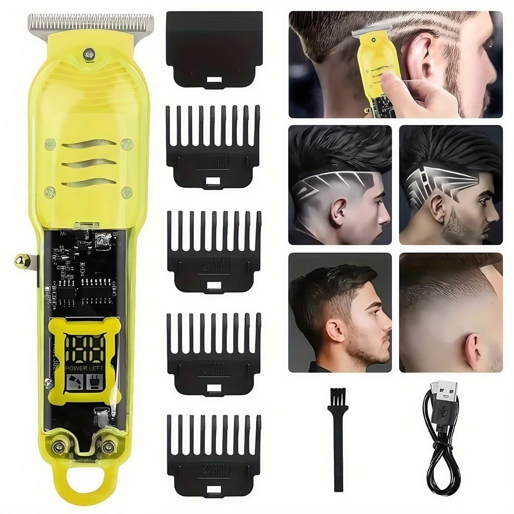 Máquina de Cortar Cabelo Profissional Transparente – Sem Fio, Smart LCD, Uso Masculino
