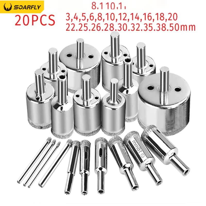 Jogo 20 Brocas Diamantadas Serra Copo furar Vidro Granito Ceramica 3 a 50 mm kit ferramentas