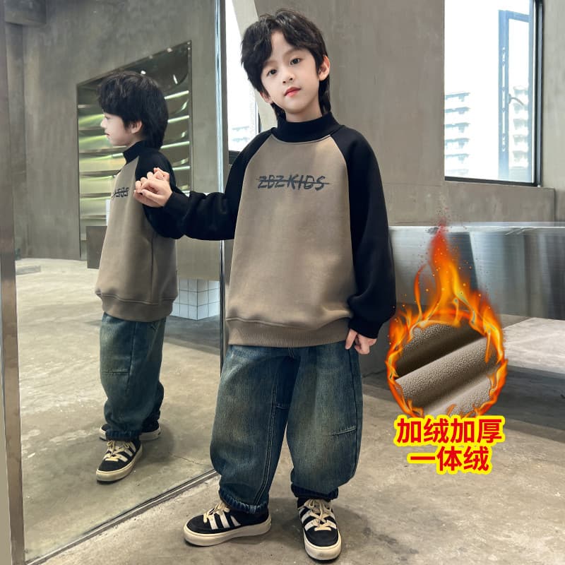 Terno de menino de trabalho médio forro de lã moletom engrossado Jeans terno de duas peças * ZH2321