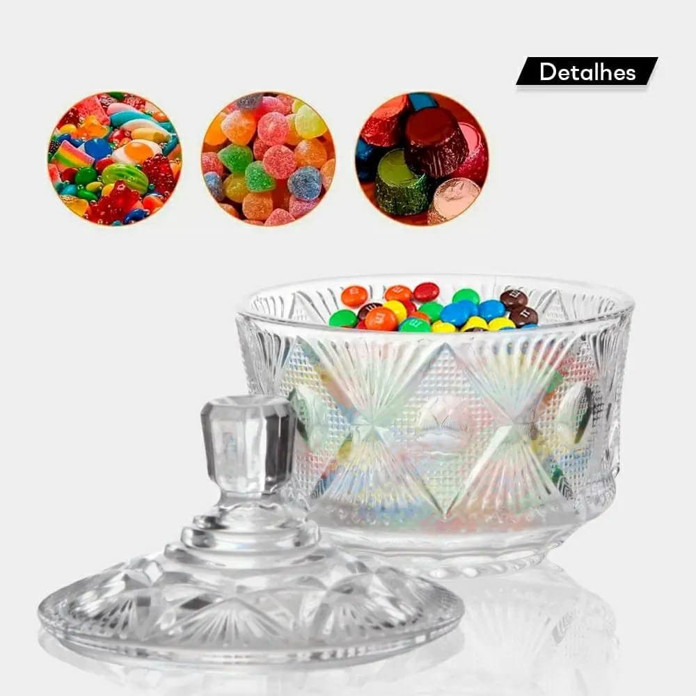 Bomboniere Potiche de Vidro Luxo 800ml com Tampa Cristalizada Baleiro Decorativo Porta Doces Elegante