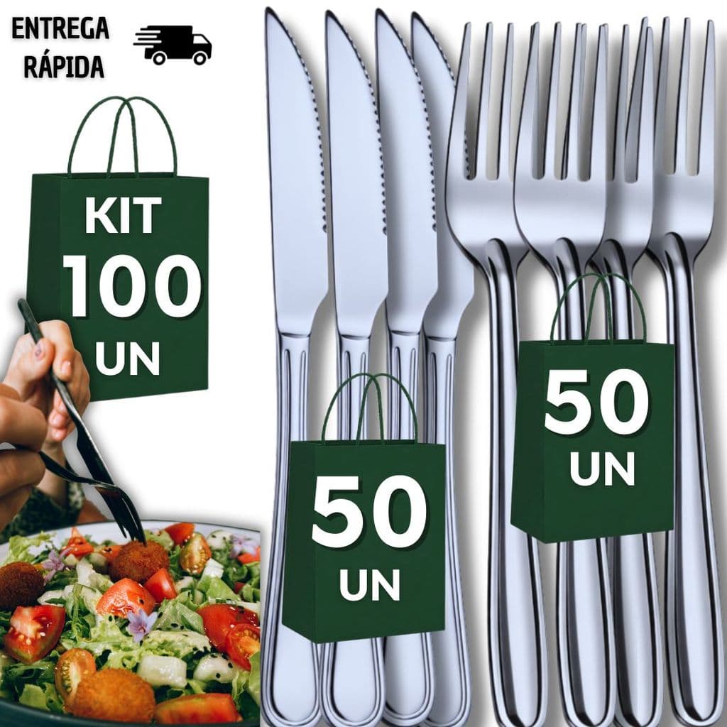 Kit 100  Talheres Inox 50 Faca 50 Garfo  Cozinha Restaurante Buffet Casa Resistência Qualidade Utilidades