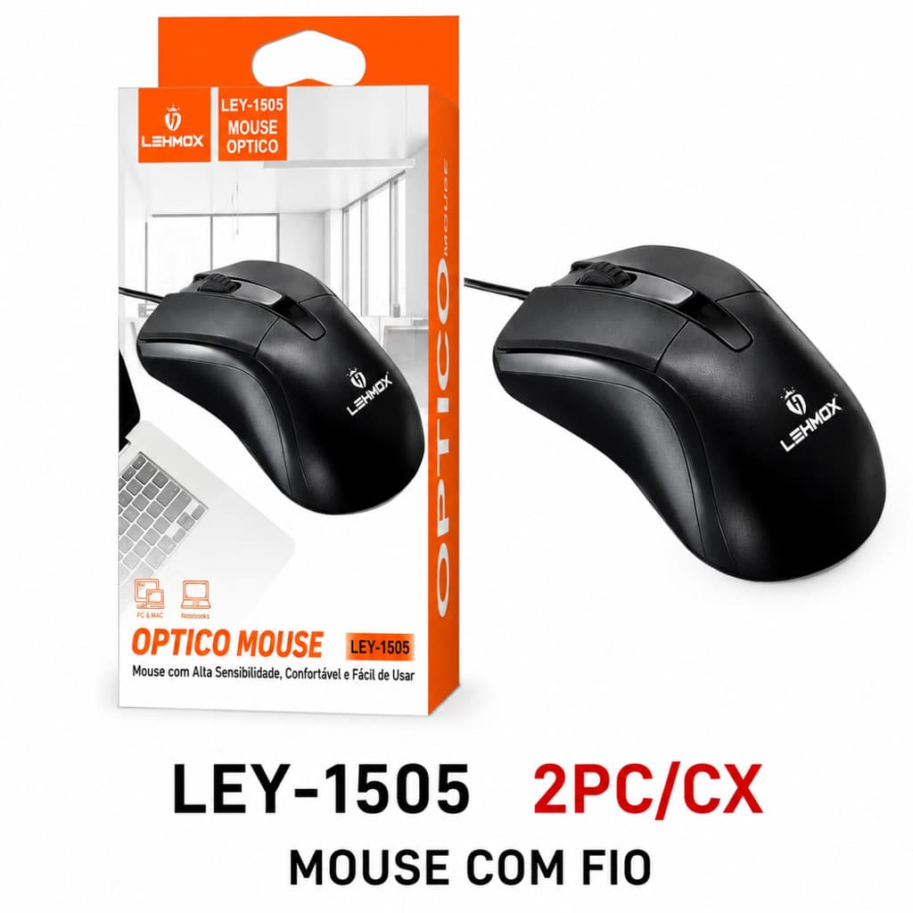 Kit 2 Mouse Preto USB Compacto LEHMOX LEY-1505 1200 DPI com Cabo 1,5m Conforto e Alta Sensibilidade