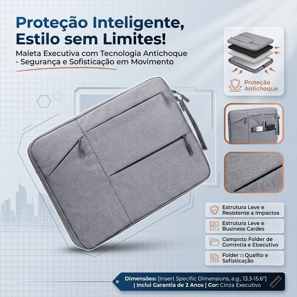 Maleta Bolsa Notebook 13 14 15.6 Pol Executiva Alça Transversal Oxford Antichoque Cinza