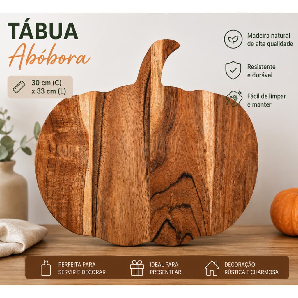 Tábua Abóbora em Madeira Teca Premium 30x33cm Petisqueira Rustica para Servir e Decorar