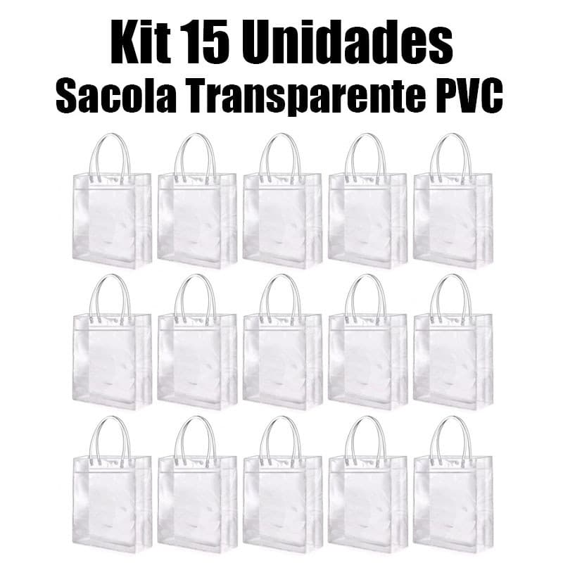 Kit 15 Unidades Sacola Transparente PVC - Sacola de Presente com Alça e Botão