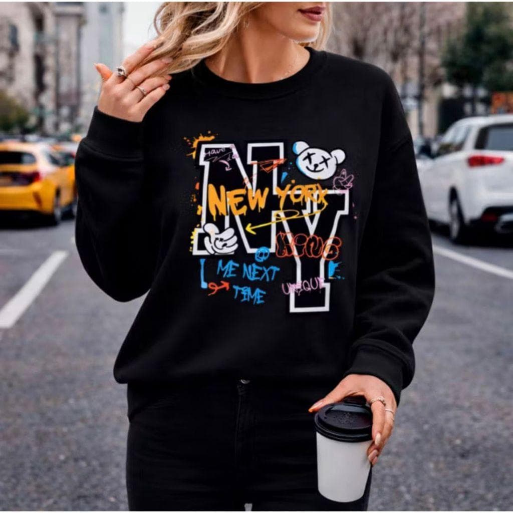 Moletom Gola Redonda Malha Premium Feminino Unissex Estampado NY Urso