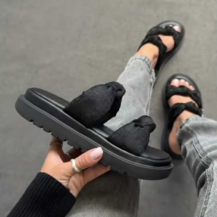 Sandália Slide Feminina Plataforma Acolchoada com Laço Duas Tiras Confortável
