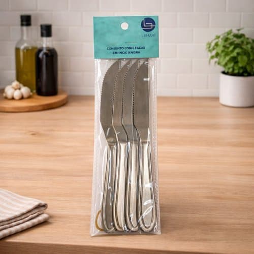 Conjunto 6 Facas Inox Angra Aço Inoxidável Cozinha Churrasco Gourmet Chef Corte Premium 6Pçs