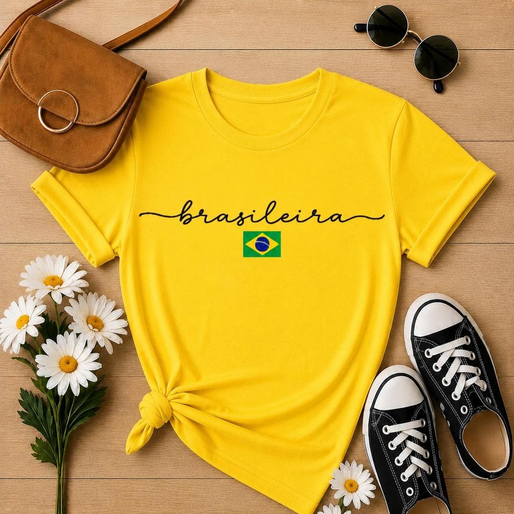 Camiseta Feminina Brasileira Copa Brasil 100% Algodão Camisa Estampa Minimalista Casual Confortável