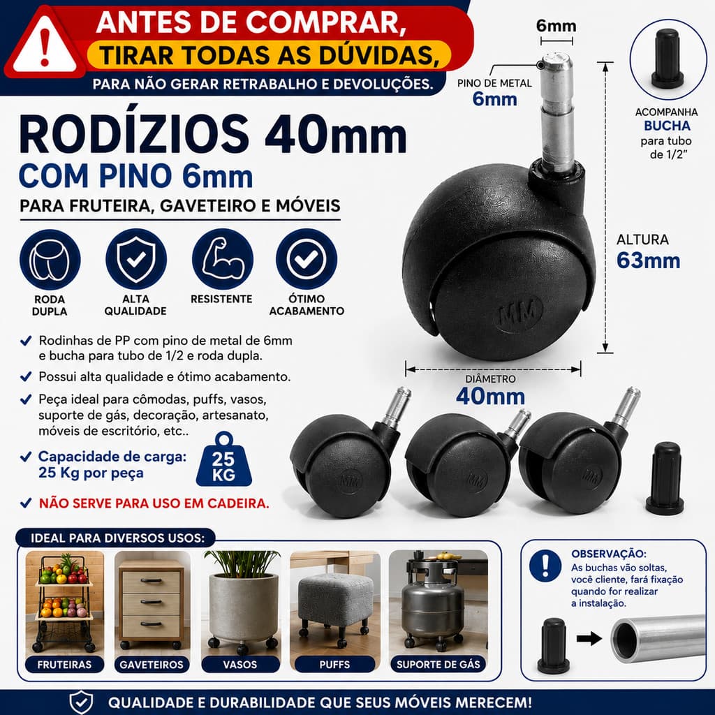 Rodízios 40mm com Pino 6mm para Fruteira, Gaveteiro e Móveis