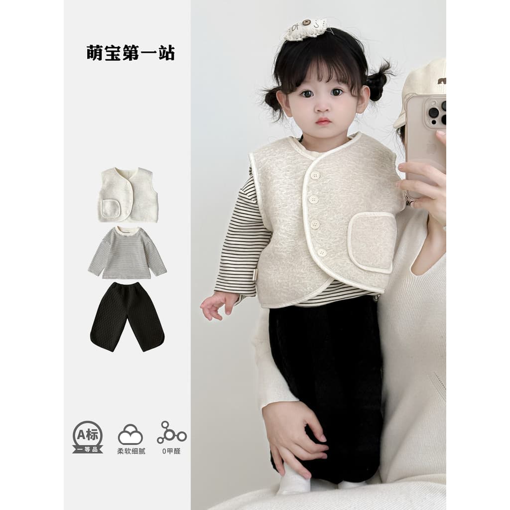Bebê menina outono inverno Casual terno de um ano de idade moda forro de lã dividido terno de três peças passeio inverno