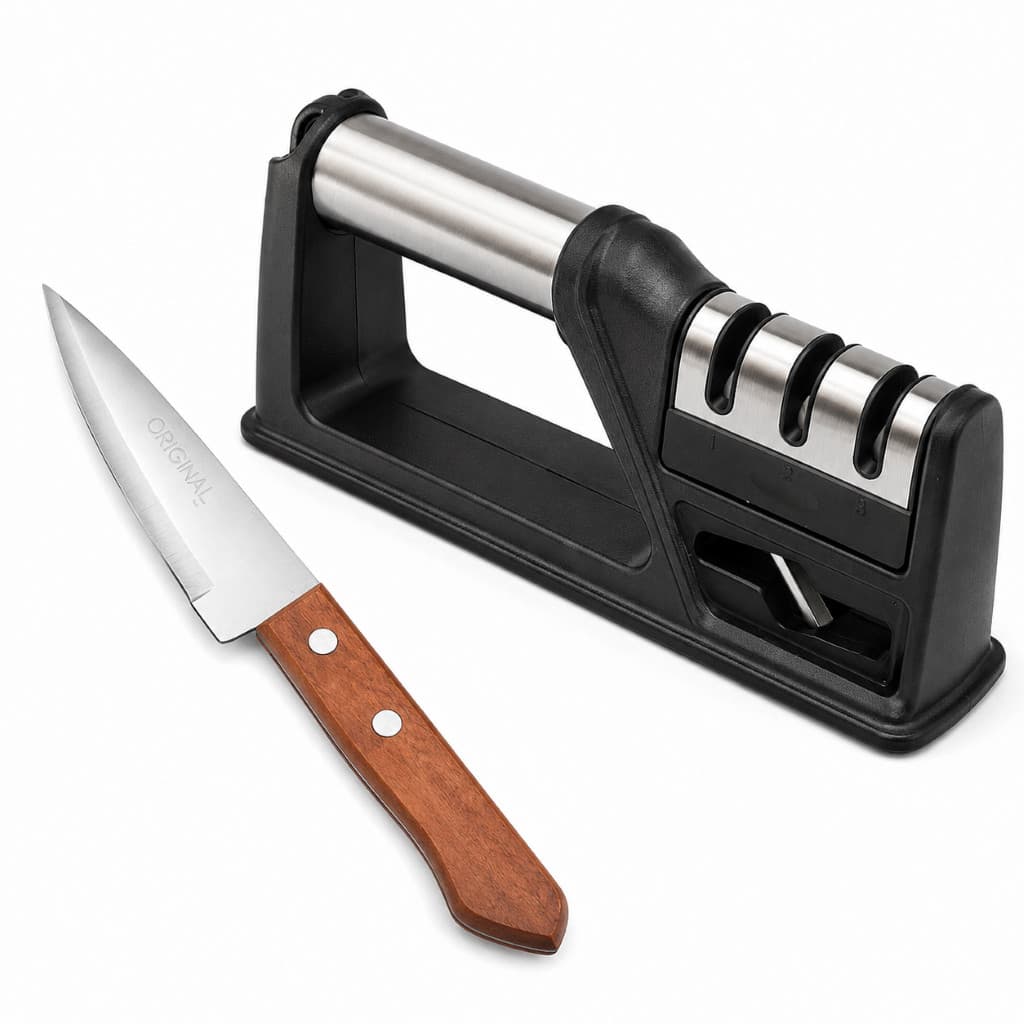 KIT AMOLADOR DE FACAS E TESOURAS 4 EM 1 + FACA PEIXEIRA INOX 5” CABO MADEIRA