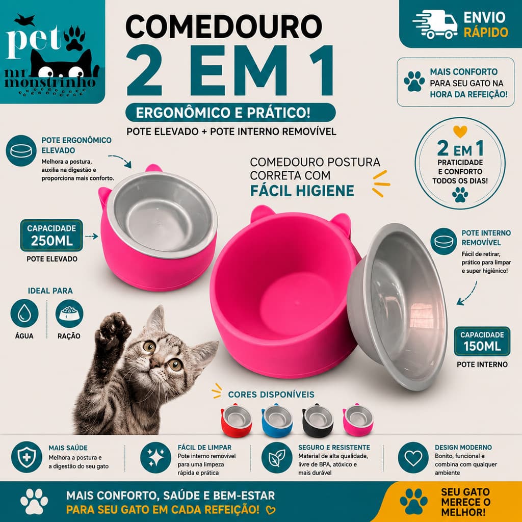 Comedouro Elevado Cara de Gatinhos Adulto e Filhote 2 em 1
