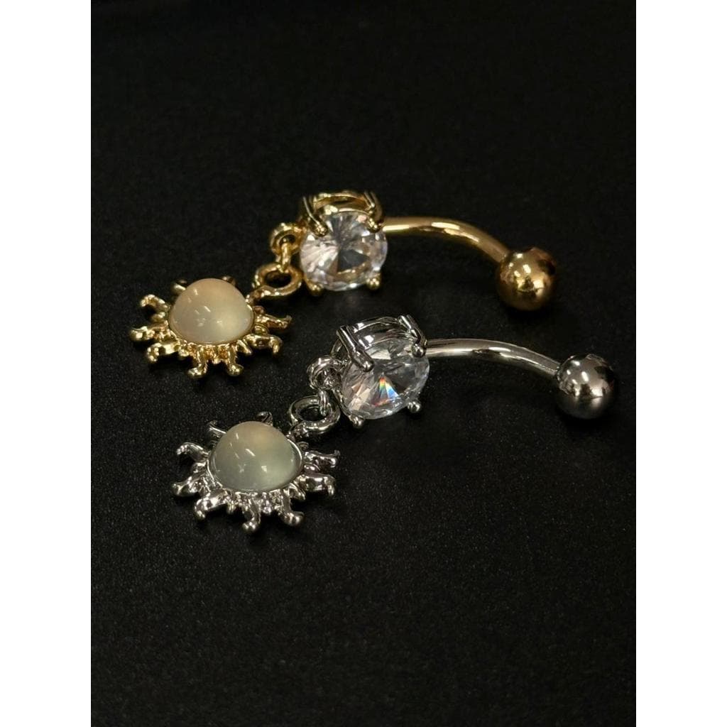 Piercing de Umbigo Sol com Pendente e Zircônia Brilhante – Dourado ou Prateado, Alta Qualidade