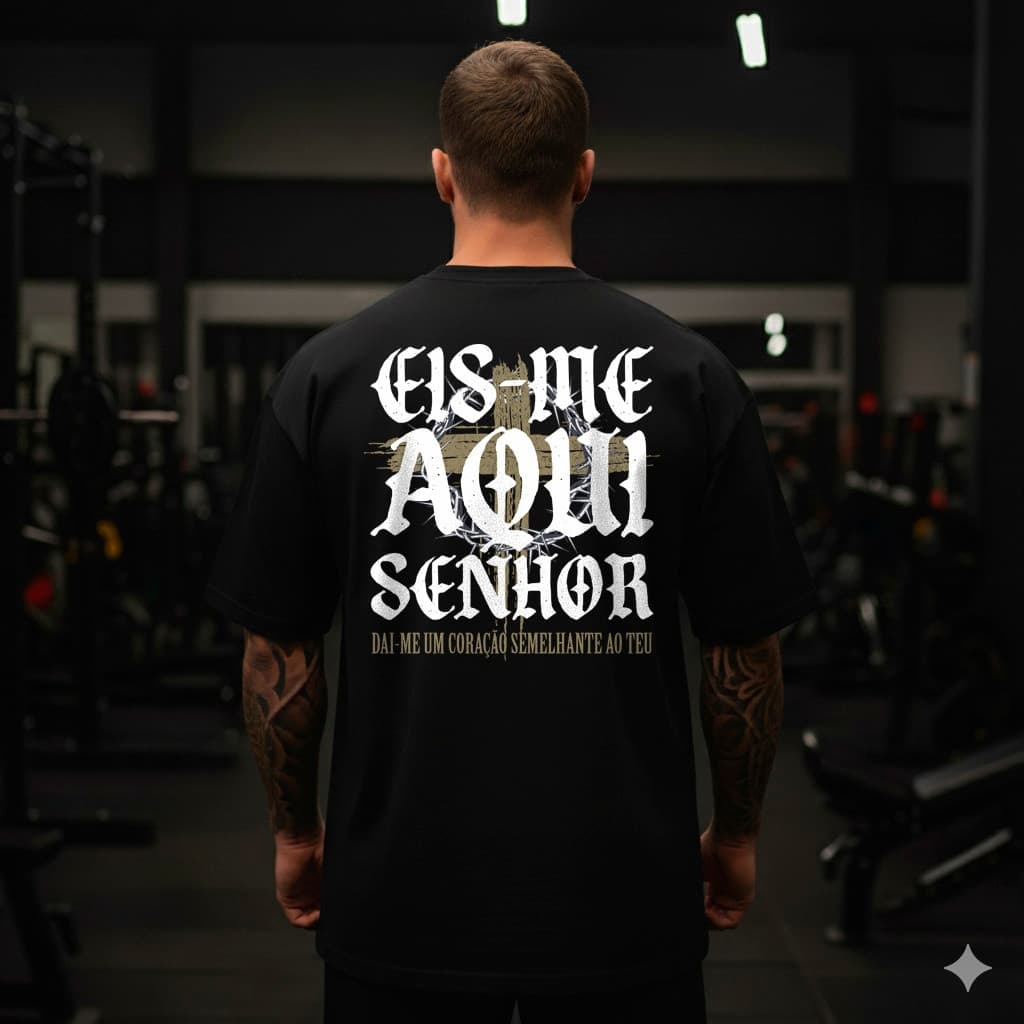 [Camiseta Premium em Algodão Puro]CC Camiseta Oversized Masculina Frases Cristãs "Eis Me Aqui Senhor Dai-me um Coração