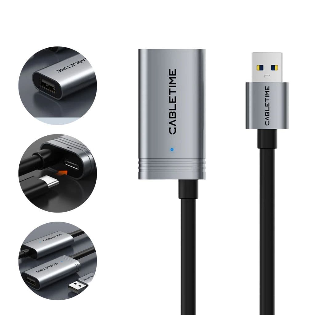 Extensor USB 2.0 480Mbps Ativo 25m Alimentação Externa + Cabo USB C Cabletime