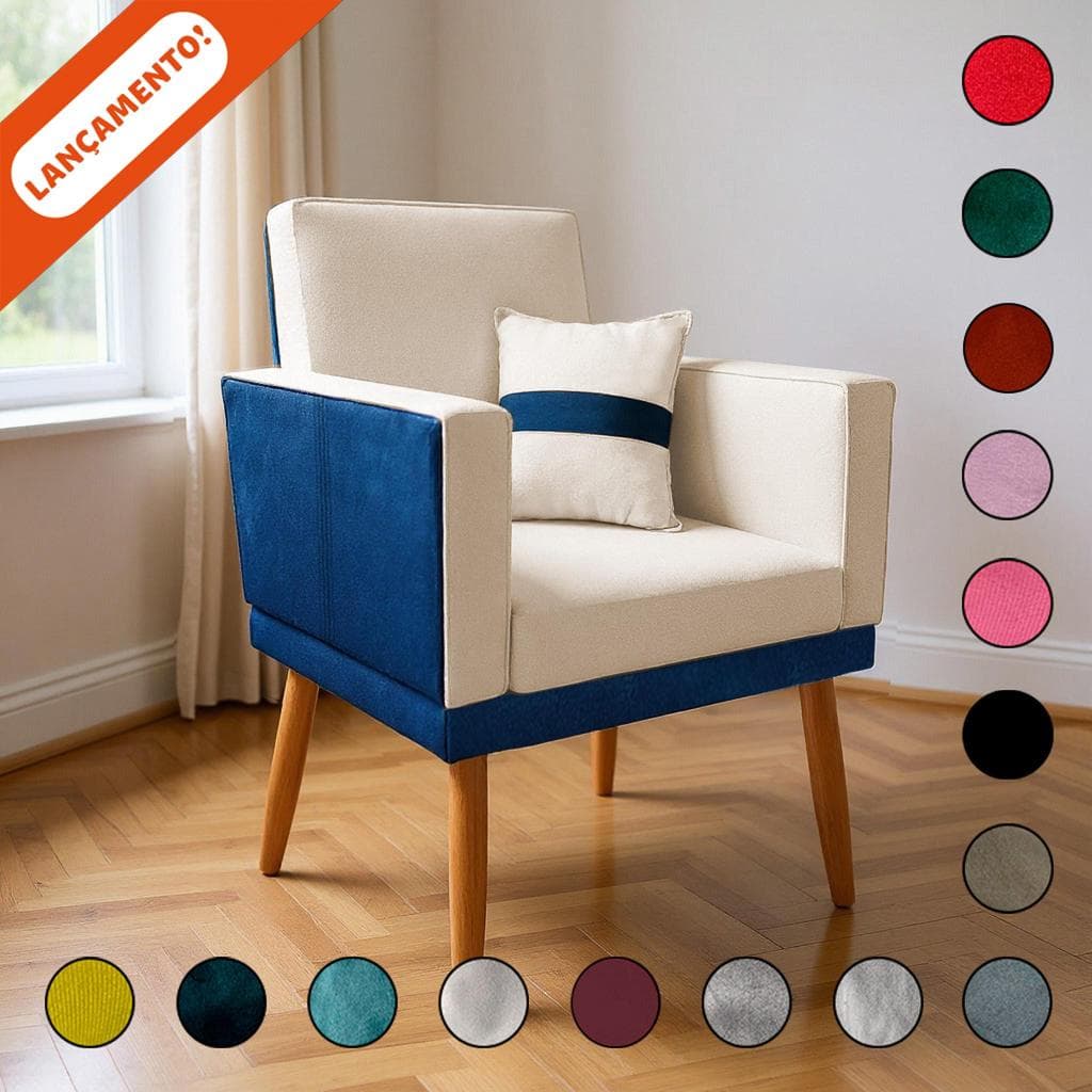 Poltrona Decorativa Para Sala Lis Com Almofada Pés Palito Corino Azul e Veludo Aninha Decor