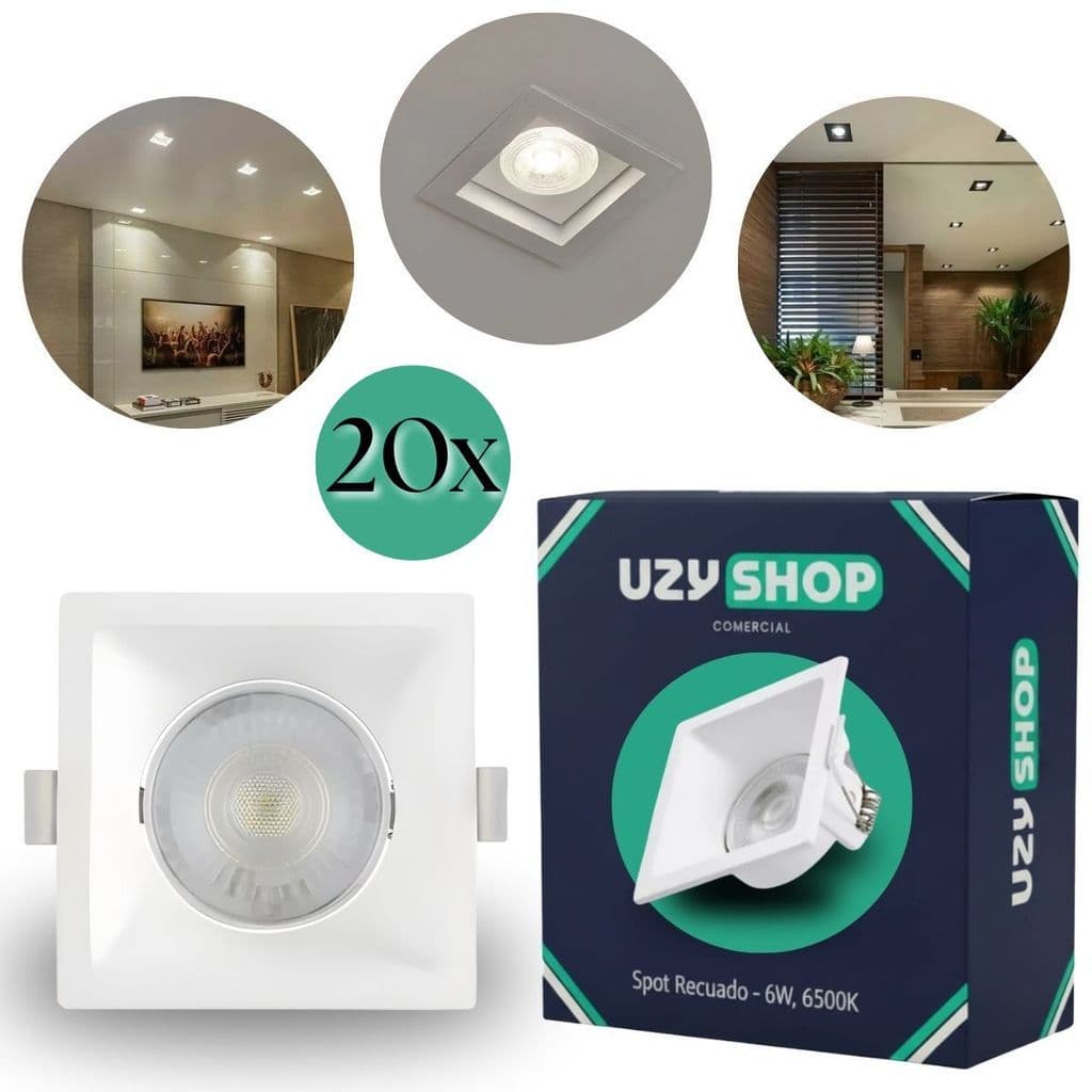 Kit 20 Spot Recuado LED 6W Embutir Com Lâmpada Dicroica Quadrado Branco Frio Redondo Quente Bivolt