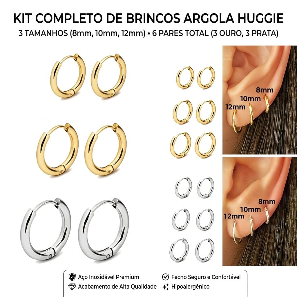 Kit 3 Pares Argolas Finas Aço Inoxidável 8/10/12mm Dourado Prata Unissex Resistente Corrosão