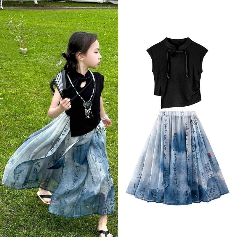 Meninas vestido de verão cavalo rosto saia terno * Hanfu crianças estilo chinês verão de manga curta novo chinês feminin