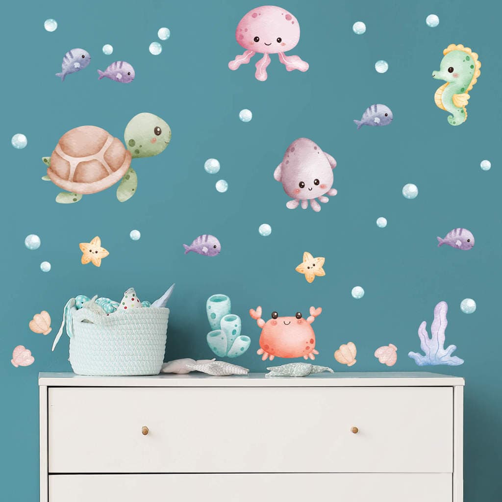 Adesivo de Parede Infantil Fundo do Mar Aquarela - 38 adesivos