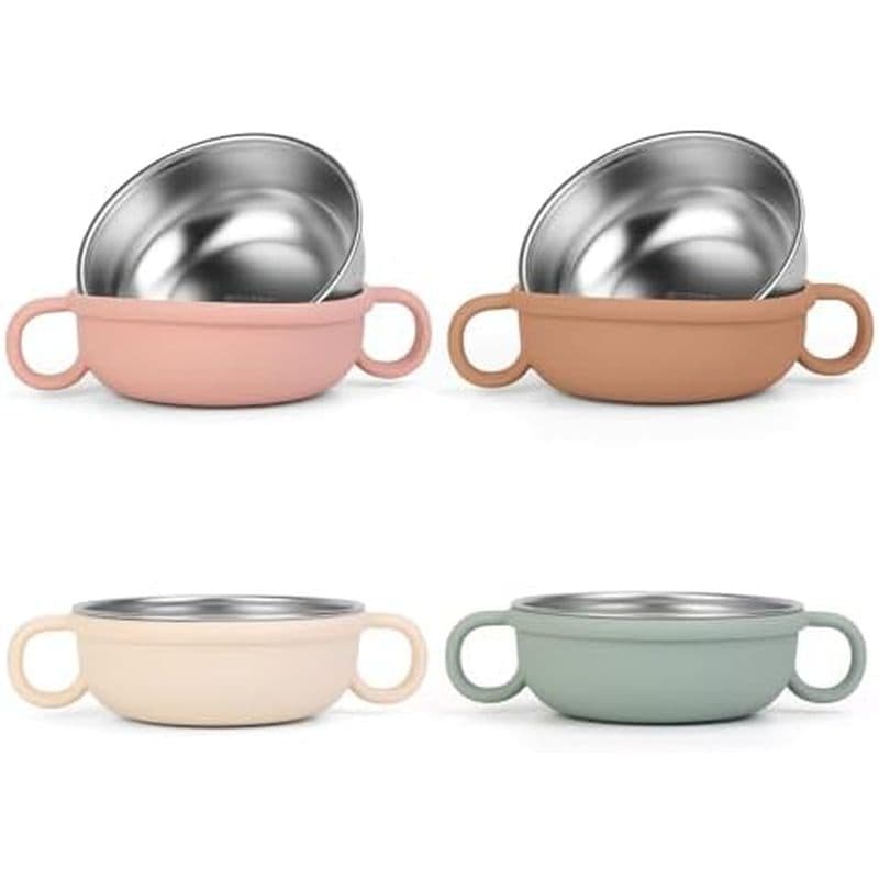 Tigelas De Aço Inoxidável Para Bebês , 4 Pacotes De Infantis Não Tóxicas Com Manga De Silicone Removível & amp ; Alça ,