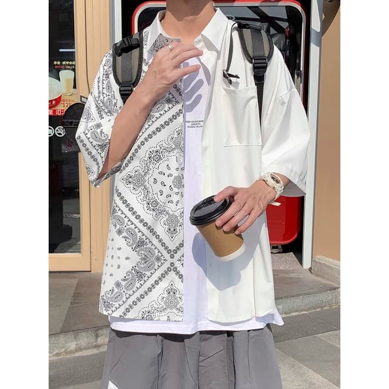 Estilo étnico costura camisa de manga curta masculina na moda seda gelo Casual meia manga camisa verão japonês solto est