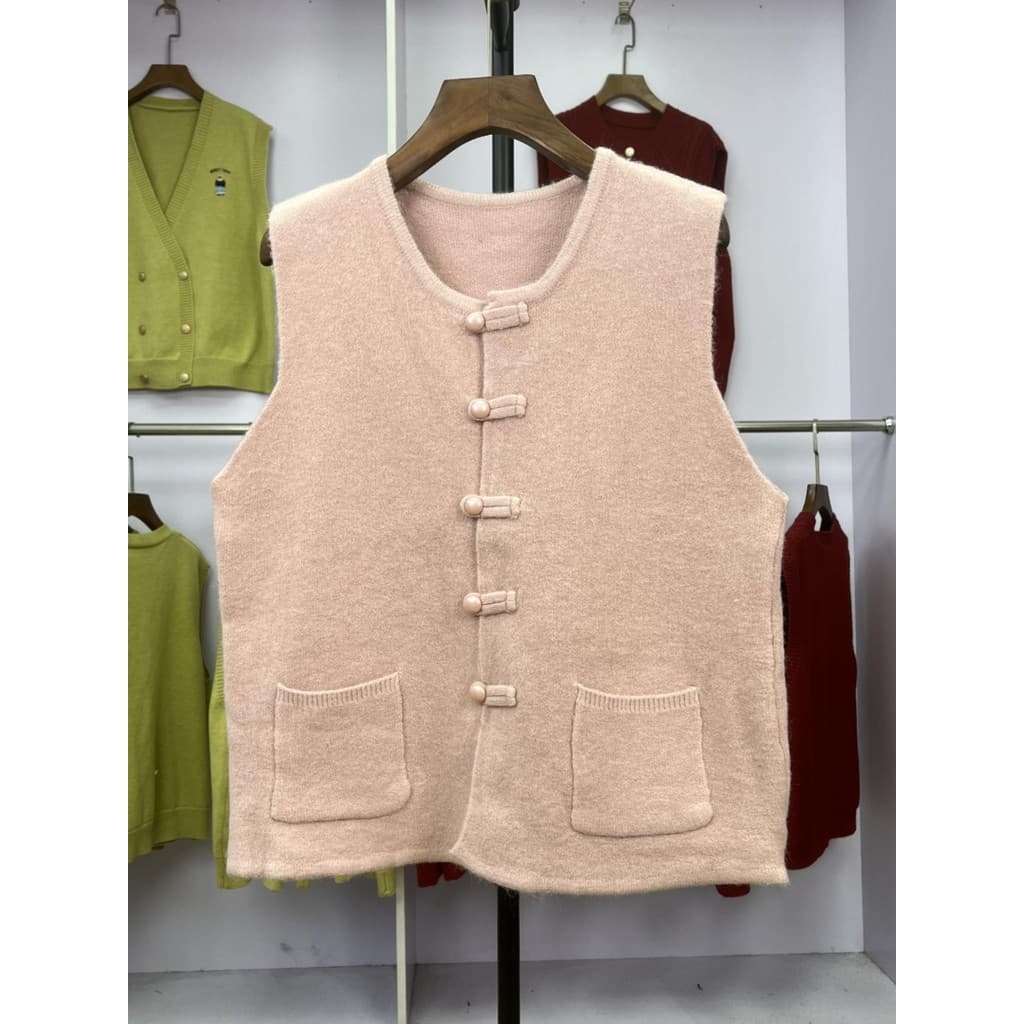 141 sem mangas fivela em torno do pescoço outono novo estilo bolso duplo Retro moda exterior usar colete camisa pequena