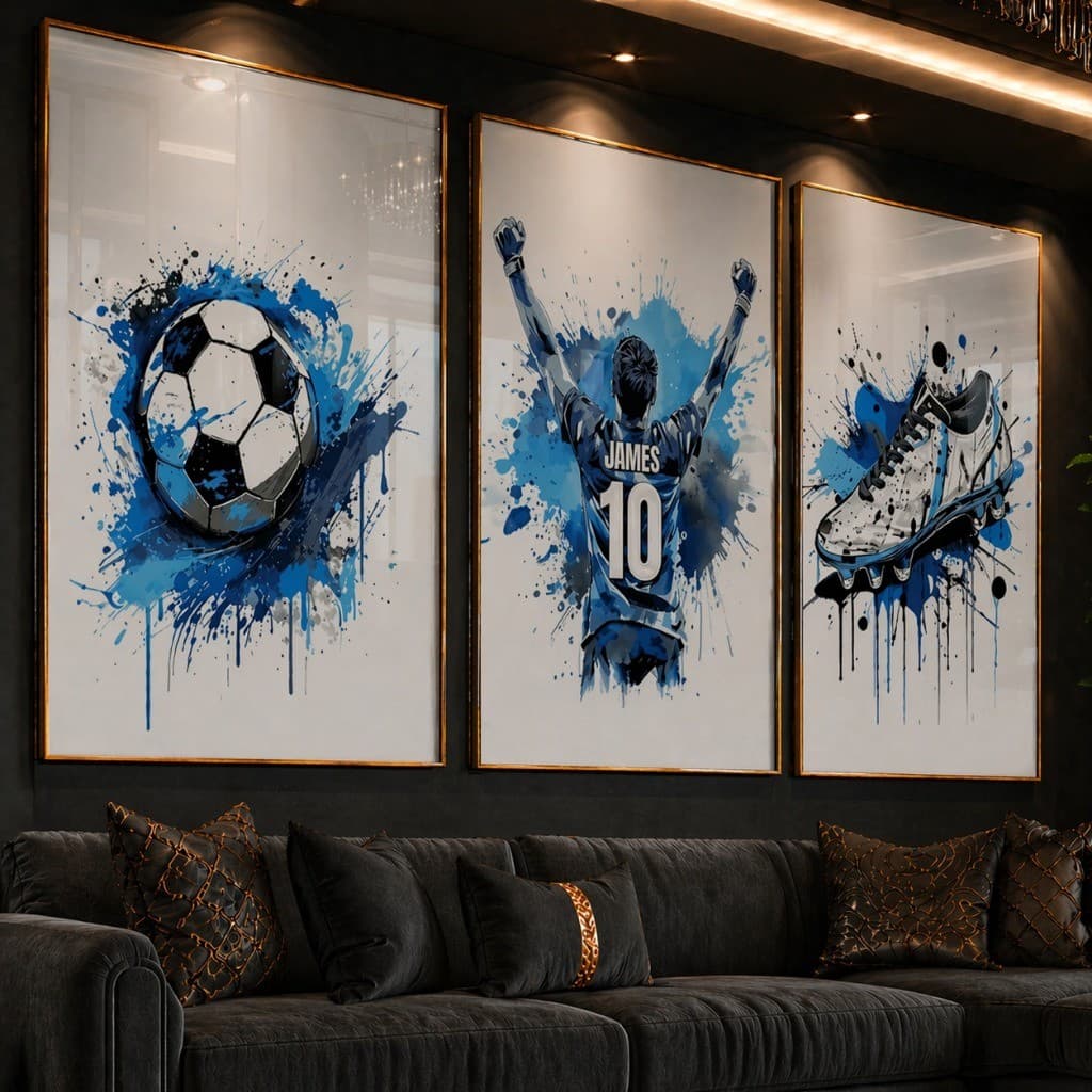 Quadro Decorativo 3 Peças Futebol com Nome Personalizado, Aquarela para Decoração de Casa, Presente