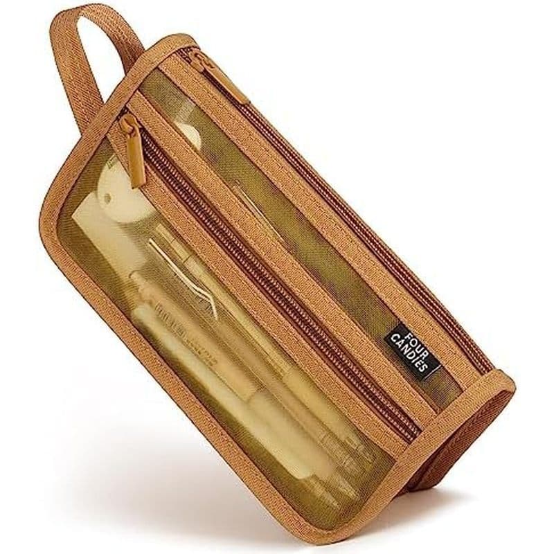 Estojo De Lápis De Malha De Grade De Quatro Doces Com Alça E Zíper , Bolsa Transparente De Camada Dupla Maquiagem De Via