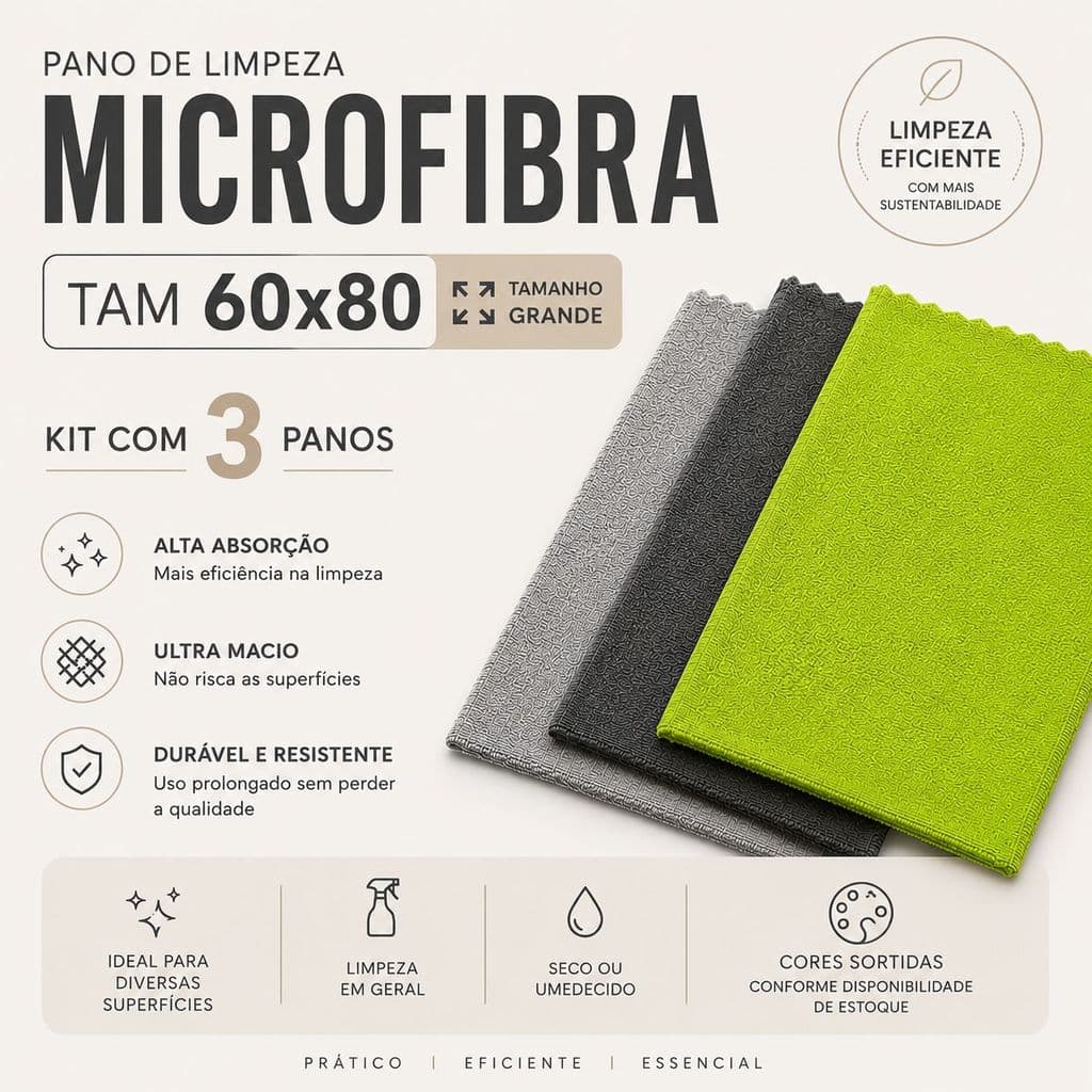 KIT 3 PANOS 60X80 EXTRA GRANDE MICROFIBRA  LIMPEZA ALTA ABSORÇÃO MULTIUSO CHÃO CASA