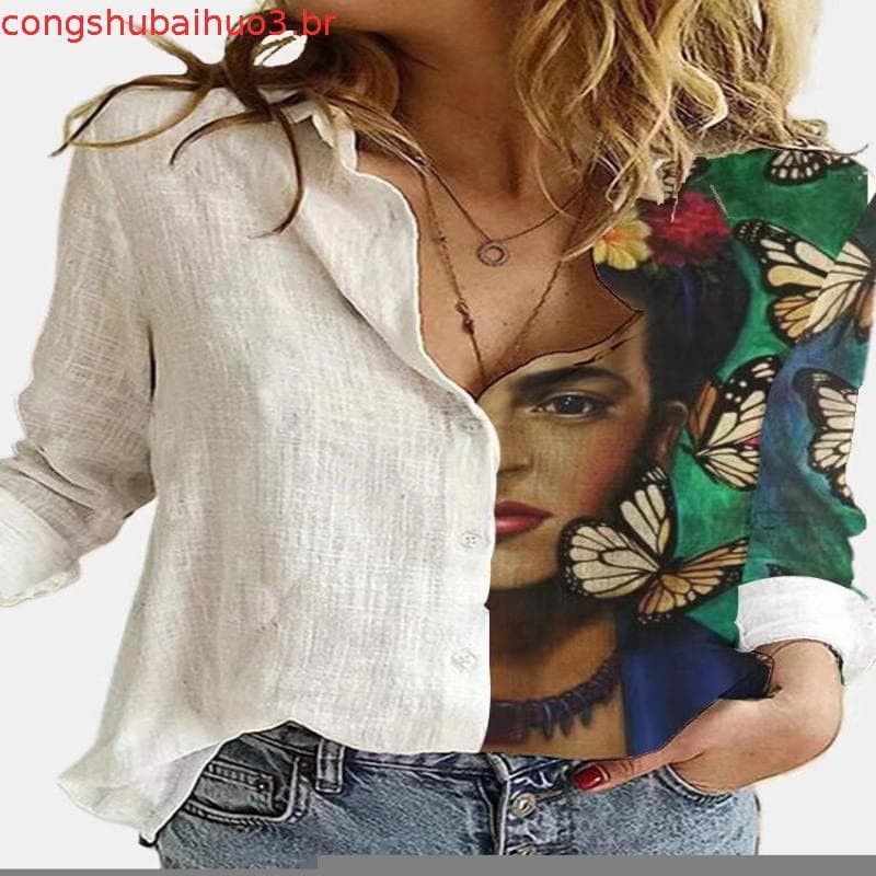 Moda Animal Gato Solto Impressão Digital Feminina Csa De Outono Escritório Blusas Brancas Manga Gira Colarinho Para Bai