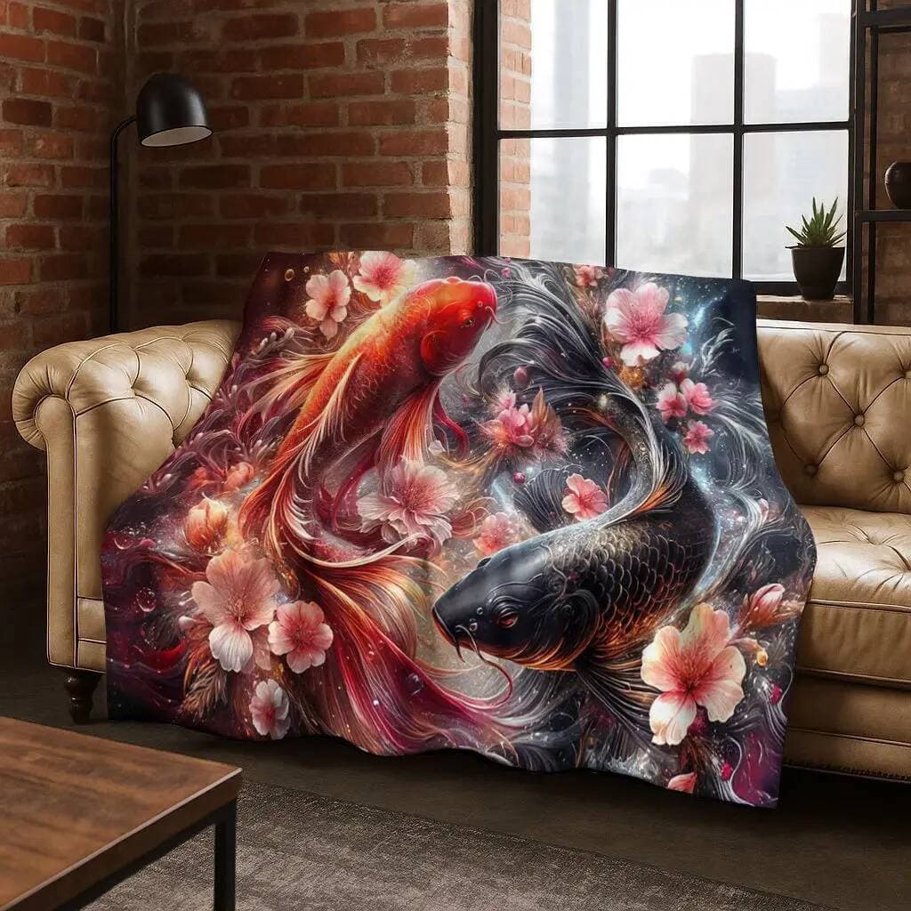 Manta de Flanela Luxuosa com Estampa de Carpa Koi Yin Yang, Aconchegante e Macia para o Lar 2EEN