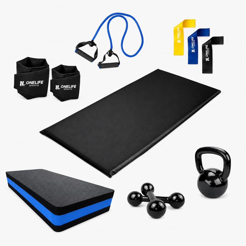 Kit Colchonete + Caneleira 3kg + Step + Halter 3kg + Kettlebell 6kg + Elásticos One Life Sports