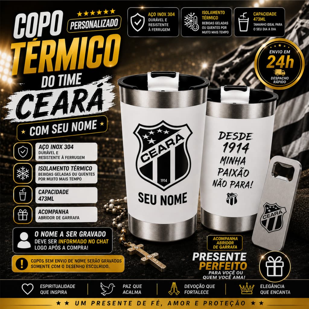Copo Térmico Ceará Personalizado Inox 473ml com Nome Laser Vozão Tampa Abridor Presente