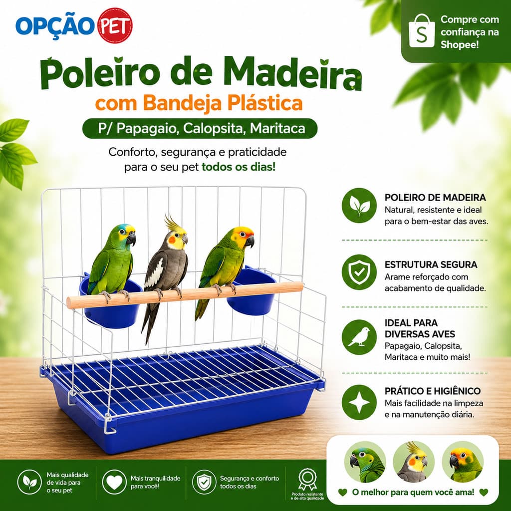 Poleiro de Madeira com Bandeja plástica P/ Papagaio, Calopsita, Maritaca, na cor Azul - OPÇÃO PET